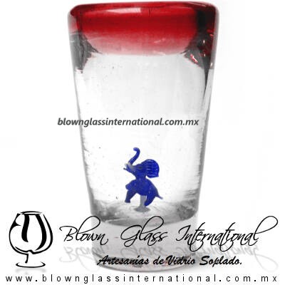 Tequilero Cónico con Elefante y borde Rojo. Fábrica de Vidrio Soplado Artesanal, made in México - Blown Glass Factory Store Tonala, Handcraft, Handmade.