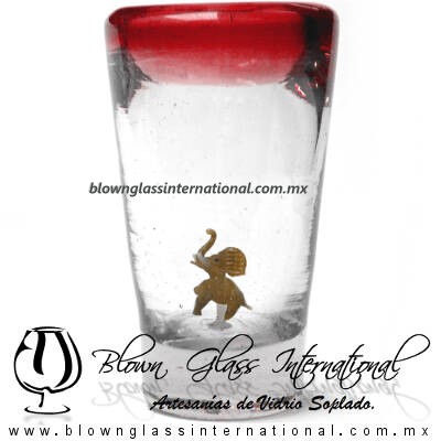 Tequilero Cónico con Elefante y borde Rojo. Fábrica de Vidrio Soplado Artesanal, made in México - Blown Glass Factory Store Tonala, Handcraft, Handmade.