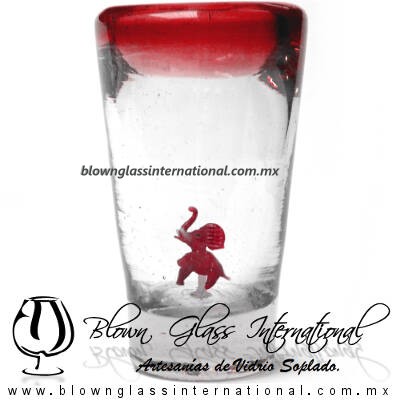 Tequilero Cónico con Elefante y borde Rojo. Fábrica de Vidrio Soplado Artesanal, made in México - Blown Glass Factory Store Tonala, Handcraft, Handmade.