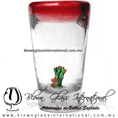 Tequilero Cónico con Nopal-Rancherito y Borde de Color Rojo. Fábrica de Vidrio Soplado Artesanal, made in México - Blown Glass Factory Store Tonala, Handcraft, Handmade.