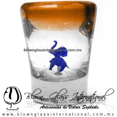 Tequilero Cónico con Elefante y borde Naranja. Fábrica de Vidrio Soplado Artesanal, made in México - Blown Glass Factory Store Tonala, Handcraft, Handmade.