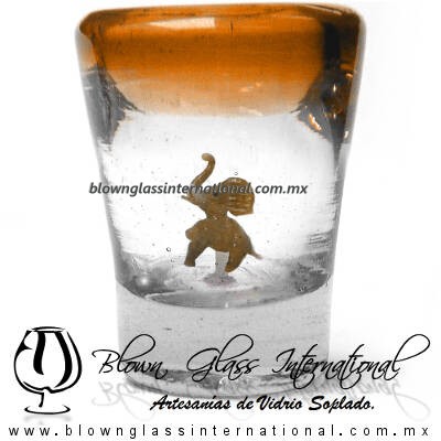 Tequilero Cónico con Elefante y borde Naranja. Fábrica de Vidrio Soplado Artesanal, made in México - Blown Glass Factory Store Tonala, Handcraft, Handmade.