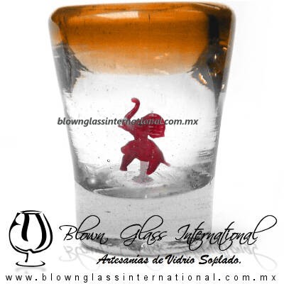 Tequilero Cónico con Elefante y borde Naranja. Fábrica de Vidrio Soplado Artesanal, made in México - Blown Glass Factory Store Tonala, Handcraft, Handmade.
