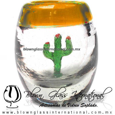 Tequilero Barril con Cactus y borde de color. Fábrica de Vidrio Soplado Artesanal, made in México - Blown Glass Factory Store Tonala, Handcraft, Handmade.