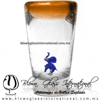 Tequilero Cónico con Elefante y borde Naranja. Fábrica de Vidrio Soplado Artesanal, made in México - Blown Glass Factory Store Tonala, Handcraft, Handmade.