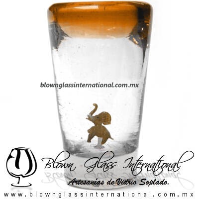 Tequilero Cónico con Elefante y borde Naranja. Fábrica de Vidrio Soplado Artesanal, made in México - Blown Glass Factory Store Tonala, Handcraft, Handmade.