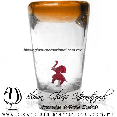 Tequilero Cónico con Elefante y borde Naranja. Fábrica de Vidrio Soplado Artesanal, made in México - Blown Glass Factory Store Tonala, Handcraft, Handmade.