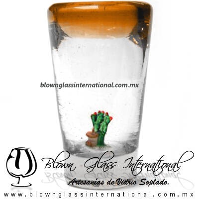 Tequilero Cónico con Nopal-Rancherito y Borde de Color Naranja. Fábrica de Vidrio Soplado Artesanal, made in México - Blown Glass Factory Store Tonala, Handcraft, Handmade.