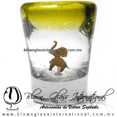 Tequilero Cónico con Elefante y borde Amarillo. Fábrica de Vidrio Soplado Artesanal, made in México - Blown Glass Factory Store Tonala, Handcraft, Handmade.