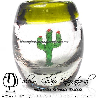 Tequilero Barril con Cactus y borde de color. Fábrica de Vidrio Soplado Artesanal, made in México - Blown Glass Factory Store Tonala, Handcraft, Handmade.