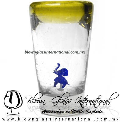Tequilero Cónico con Elefante y borde Amarillo. Fábrica de Vidrio Soplado Artesanal, made in México - Blown Glass Factory Store Tonala, Handcraft, Handmade.