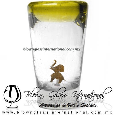 Tequilero Cónico con Elefante y borde Amarillo. Fábrica de Vidrio Soplado Artesanal, made in México - Blown Glass Factory Store Tonala, Handcraft, Handmade.