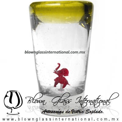 Tequilero Cónico con Elefante y borde Amarillo. Fábrica de Vidrio Soplado Artesanal, made in México - Blown Glass Factory Store Tonala, Handcraft, Handmade.