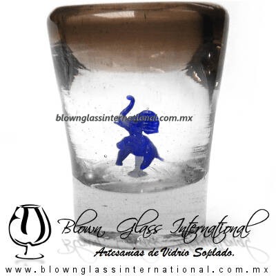 Tequilero Cónico con Elefante y borde Chocolate. Fábrica de Vidrio Soplado Artesanal, made in México - Blown Glass Factory Store Tonala, Handcraft, Handmade.