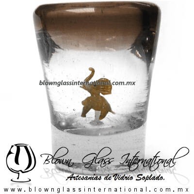 Tequilero Cónico con Elefante y borde Chocolate. Fábrica de Vidrio Soplado Artesanal, made in México - Blown Glass Factory Store Tonala, Handcraft, Handmade.
