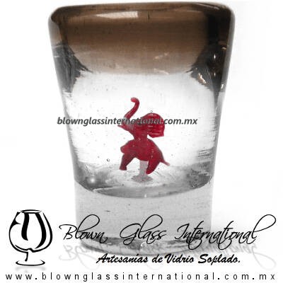 Tequilero Cónico con Elefante y borde Chocolate. Fábrica de Vidrio Soplado Artesanal, made in México - Blown Glass Factory Store Tonala, Handcraft, Handmade.