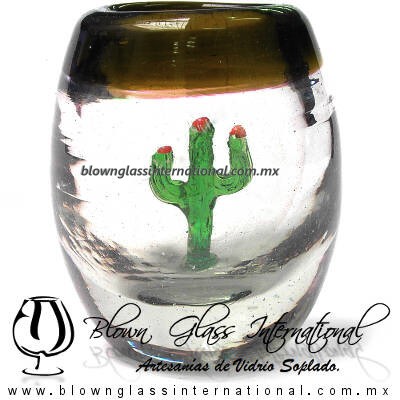 Tequilero Barril con Cactus y borde de color. Fábrica de Vidrio Soplado Artesanal, made in México - Blown Glass Factory Store Tonala, Handcraft, Handmade.