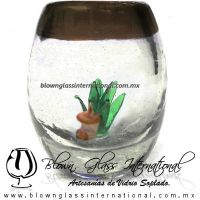 Tequilero Barril con Agave-Rancherito y Borde de Color Chocolate. Fábrica de Vidrio Soplado Artesanal, made in México - Blown Glass Factory Store Tonala, Handcraft, Handmade. Tequilero Barril con Agave-Rancherito y Borde de Color Chocolate. Fábrica de Vidrio Soplado Artesanal, made in México - Blown Glass Factory Store Tonala, Handcraft, Handmade.