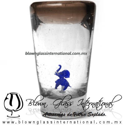 Tequilero Cónico con Elefante y borde Chocolate. Fábrica de Vidrio Soplado Artesanal, made in México - Blown Glass Factory Store Tonala, Handcraft, Handmade.