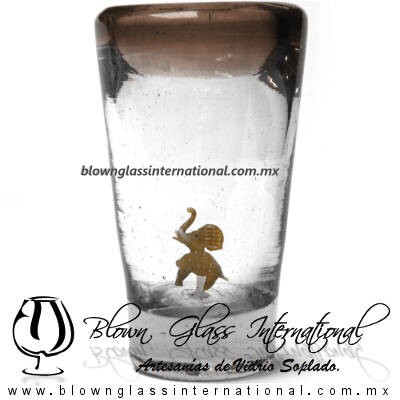 Tequilero Cónico con Elefante y borde Chocolate. Fábrica de Vidrio Soplado Artesanal, made in México - Blown Glass Factory Store Tonala, Handcraft, Handmade.