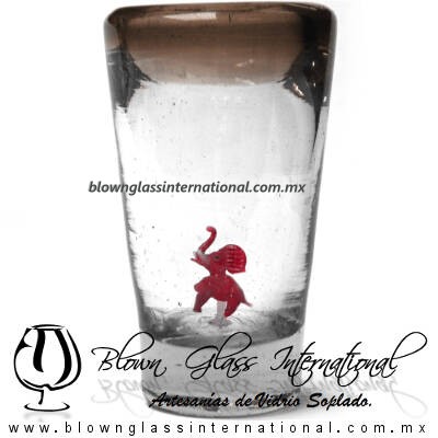 Tequilero Cónico con Elefante y borde Chocolate. Fábrica de Vidrio Soplado Artesanal, made in México - Blown Glass Factory Store Tonala, Handcraft, Handmade.