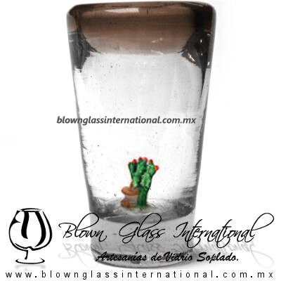 Tequilero Cónico con Nopal-Rancherito y Borde de Color Chocolate. Fábrica de Vidrio Soplado Artesanal, made in México - Blown Glass Factory Store Tonala, Handcraft, Handmade.