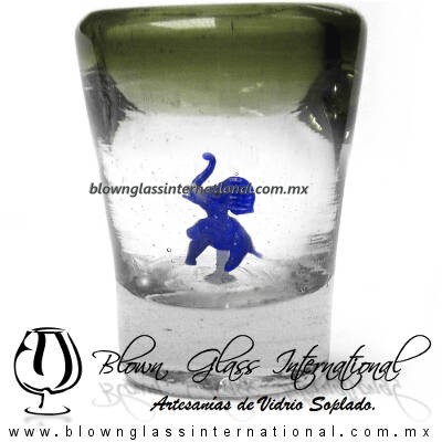 Tequilero Cónico con Elefante y borde Verde Olivo. Fábrica de Vidrio Soplado Artesanal, made in México - Blown Glass Factory Store Tonala, Handcraft, Handmade.