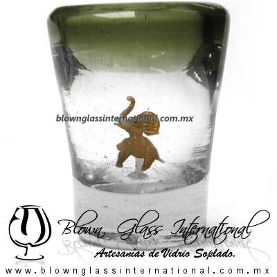 Tequilero Cónico con Elefante y borde Verde Olivo. Fábrica de Vidrio Soplado Artesanal, made in México - Blown Glass Factory Store Tonala, Handcraft, Handmade.