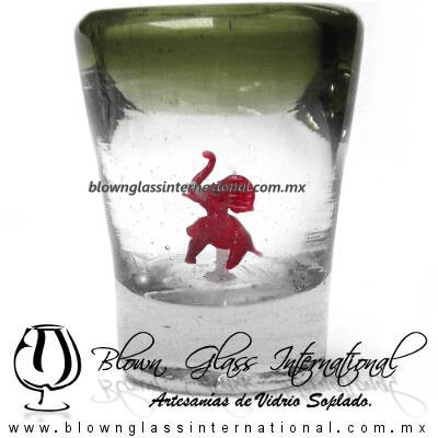 Tequilero Cónico con Elefante y borde Verde Olivo. Fábrica de Vidrio Soplado Artesanal, made in México - Blown Glass Factory Store Tonala, Handcraft, Handmade.