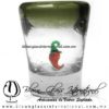 Tequilero Cónico con Chile y borde Verde Olivo. Fábrica de Vidrio Soplado Artesanal, made in México - Blown Glass Factory Store Tonala, Handcraft, Handmade. Tequilero Cónico con Chile y borde Verde Olivo. Fábrica de Vidrio Soplado Artesanal, made in México - Blown Glass Factory Store Tonala, Handcraft, Handmade.
