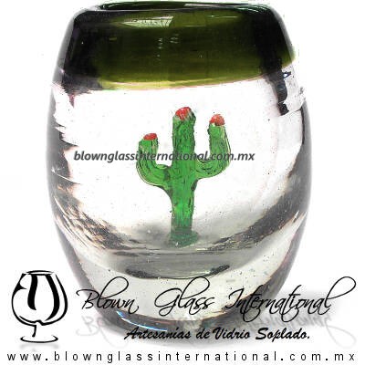 Tequilero Barril con Cactus y borde de color. Fábrica de Vidrio Soplado Artesanal, made in México - Blown Glass Factory Store Tonala, Handcraft, Handmade.