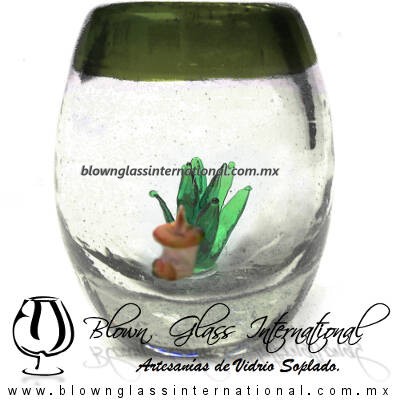 Tequilero Barril con Agave-Rancherito y Borde de Color Verde Olivo. Fábrica de Vidrio Soplado Artesanal, made in México - Blown Glass Factory Store Tonala, Handcraft, Handmade. Tequilero Barril con Agave-Rancherito y Borde de Color Verde Olivo. Fábrica de Vidrio Soplado Artesanal, made in México - Blown Glass Factory Store Tonala, Handcraft, Handmade.