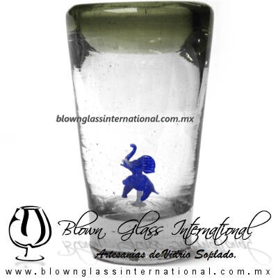 Tequilero Cónico con Elefante y borde Verde Olivo. Fábrica de Vidrio Soplado Artesanal, made in México - Blown Glass Factory Store Tonala, Handcraft, Handmade.