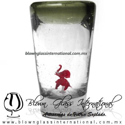 Tequilero Cónico con Elefante y borde Verde Olivo. Fábrica de Vidrio Soplado Artesanal, made in México - Blown Glass Factory Store Tonala, Handcraft, Handmade.