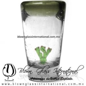 Tequilero Cónico con Nopal y Borde de Color Verde Olivo. Fábrica de Vidrio Soplado Artesanal, made in México - Blown Glass Factory Store Tonala, Handcraft, Handmade.