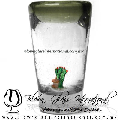 Tequilero Cónico con Nopal-Rancherito y Borde de Color Verde Olivo. Fábrica de Vidrio Soplado Artesanal, made in México - Blown Glass Factory Store Tonala, Handcraft, Handmade.