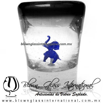 Tequilero Cónico con Elefante y borde Negro. Fábrica de Vidrio Soplado Artesanal, made in México - Blown Glass Factory Store Tonala, Handcraft, Handmade.