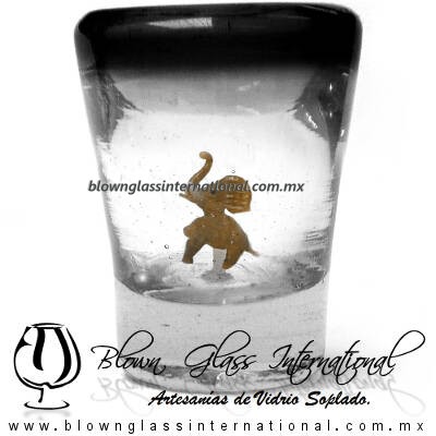 Tequilero Cónico con Elefante y borde Negro. Fábrica de Vidrio Soplado Artesanal, made in México - Blown Glass Factory Store Tonala, Handcraft, Handmade.