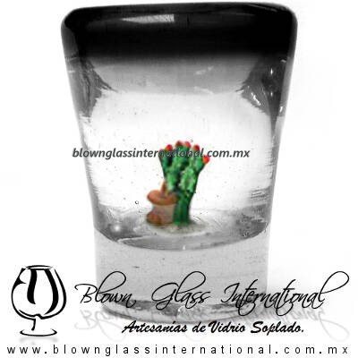 Tequilero Cónico con Nopal-Rancherito y Borde de Color Negro. Fábrica de Vidrio Soplado Artesanal, made in México - Blown Glass Factory Store Tonala, Handcraft, Handmade.