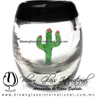 Tequilero Barril con Cactus y borde de color. Fábrica de Vidrio Soplado Artesanal, made in México - Blown Glass Factory Store Tonala, Handcraft, Handmade.