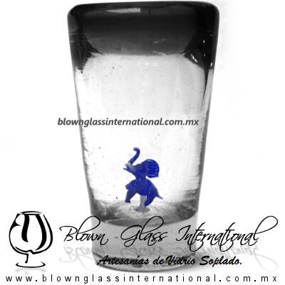 Elefante y borde Negro. Fábrica de Vidrio Soplado Artesanal, made in México - Blown Glass Factory Store Tonala, Handcraft, Handmade.