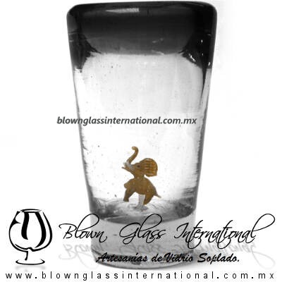 Tequilero Cónico con Elefante y borde Negro. Fábrica de Vidrio Soplado Artesanal, made in México - Blown Glass Factory Store Tonala, Handcraft, Handmade.