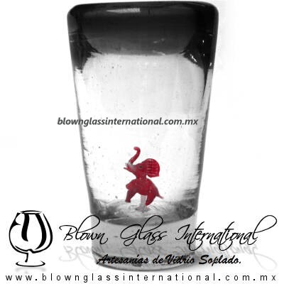 Tequilero Cónico con Elefante y borde Negro. Fábrica de Vidrio Soplado Artesanal, made in México - Blown Glass Factory Store Tonala, Handcraft, Handmade.