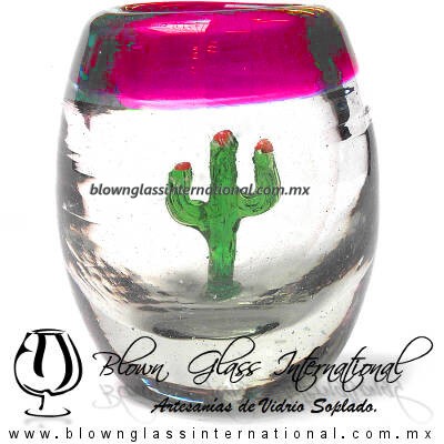 Tequilero Barril con Cactus y borde de color. Fábrica de Vidrio Soplado Artesanal, made in México - Blown Glass Factory Store Tonala, Handcraft, Handmade.