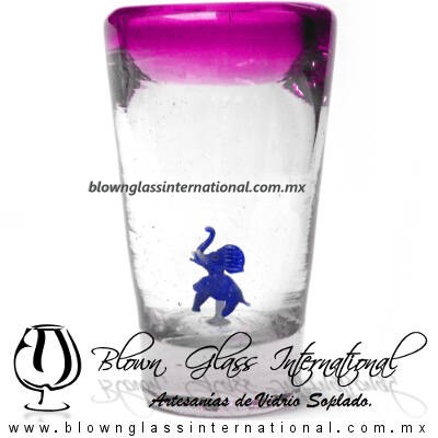 Tequilero Cónico con Elefante y borde Pintado Rosa Mexicano Fucsia Fiusha. Fábrica de Vidrio Soplado Artesanal, made in México - Blown Glass Factory Store Tonala, Handcraft, Handmade.