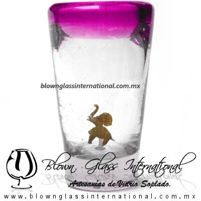Tequilero Cónico con Elefante y borde Pintado Rosa Mexicano Fucsia Fiusha. Fábrica de Vidrio Soplado Artesanal, made in México - Blown Glass Factory Store Tonala, Handcraft, Handmade.