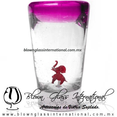 Tequilero Cónico con Elefante y borde Pintado Rosa Mexicano Fucsia Fiusha. Fábrica de Vidrio Soplado Artesanal, made in México - Blown Glass Factory Store Tonala, Handcraft, Handmade.