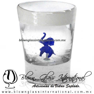 Tequilero Cónico con Elefante y borde Blanco. Fábrica de Vidrio Soplado Artesanal, made in México - Blown Glass Factory Store Tonala, Handcraft, Handmade.