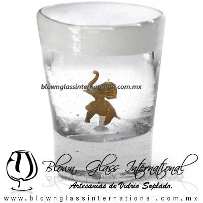 Tequilero Cónico con Elefante y borde Blanco. Fábrica de Vidrio Soplado Artesanal, made in México - Blown Glass Factory Store Tonala, Handcraft, Handmade.