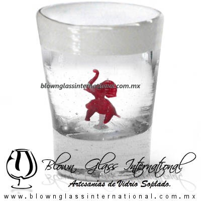 Tequilero Cónico con Elefante y borde Blanco. Fábrica de Vidrio Soplado Artesanal, made in México - Blown Glass Factory Store Tonala, Handcraft, Handmade.